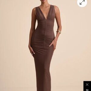 Lulu's Aveline Brown Jersey Knit Ruched Bodycon Maxi Dress